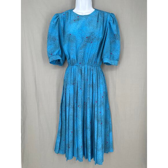 Vintage Dresses & Skirts - 80s Vintage Dress Womens Medium Blue Midi Pleated Turquoise Pink Retro